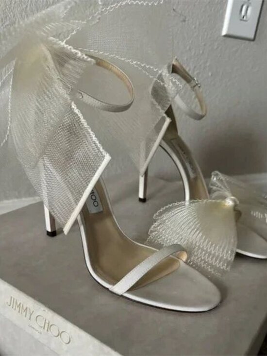 Jimmy Choo Shoes - Jimmy Choo Aveline 100 Latte Sandals with Asymmetric Grosgrain Fascinator Bows